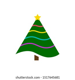 Christmas Tree single flat icon. Xmas, New year simple sign in cartoon style. Winter pictogram symbol. Closeup color vector illustration isolated on white. Graphic design element for card, print, logo