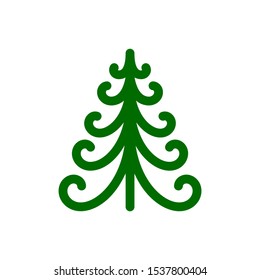 Christmas Tree single flat icon. Xmas, New year simple sign in cartoon style. Winter pictogram symbol. Closeup color vector illustration isolated on white. Graphic design element for card, print, logo