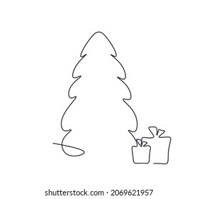 Christmas tree in a single line. Drawing in one line in the style of minimalism. Abstract contour drawing. Christmas fir tree with gifts. Isolated illustration on a white background.