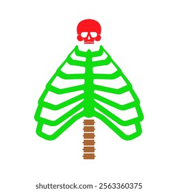 Christmas tree skeleton ribcage. Anatomical new year: bones and skull. Ribs and spine. Conceptual holiday poster for doctors and radiologist. X-ray of Spruce