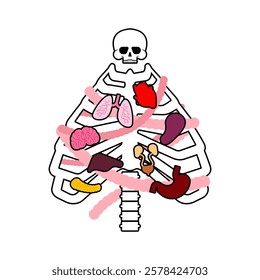 Christmas tree skeleton ribcage. Anatomical new year: bones and skull. Ribs and spine. Conceptual holiday poster for doctors and radiologist. X-ray of Spruce