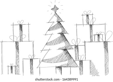 Christmas tree sketch with gifts