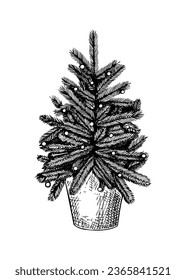 Christmas tree sketch. Hand-drawn vector illustration. Beautiful Christmas fir with decorations - balls, garlands, bulbs, in vase. Christmas market tree drawing.