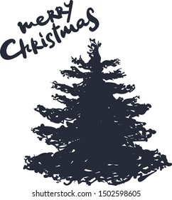 Christmas tree sketch, icon, conifer outline. lettering merry Christmas. hand drawing. black vector . full pictogram isolated on white, logo illustration