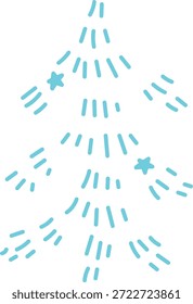 Boceto de árbol de Navidad hecho de guiones con acentos de estrellas y marcas radiantes. Símbolo de la alegría navideña, celebración y festividad invernal. Ilustración vectorial de dibujos animados.