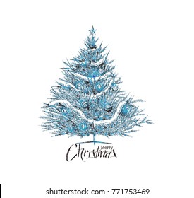 Christmas tree sketch on white background, vector illustration.