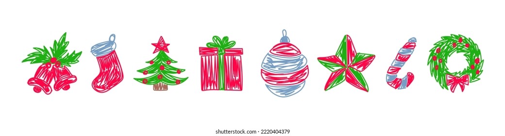 Christmas tree sketch. Web icon set. New Year festive vector collection. Handdrawn illustrations for greeting card. Bell, ball, gift and star