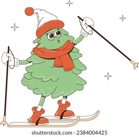 The Christmas tree is skiing. Christmas tree on skis in a hat and scarf with ski poles in his hand.Cute retro cartoon character in trendy, groovy style.60-70s style.Merry Christmas and Happy New Year