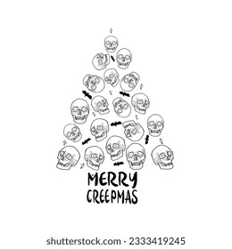 Christmas tree with skulls. Colouring book for adults on the theme of scary horrors. For printing on a T-shirt, logo, icon