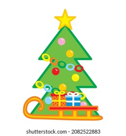 Christmas tree and sledge with gifts, vector illustration
