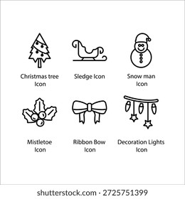 Christmas tree, Sledge, Snow man, Mistletoe, Ribbon Bow, Decoration Lights, icon