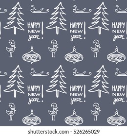 Christmas tree, sleigh and birds.  Illustration for a  wrapping paper,  wallpaper.  Season`s  greeting handwritten calligraphy.   Seamless vector pattern.