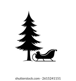 Christmas Tree And Sleigh Black Silhouette Illustration Festive Holiday Vector Design