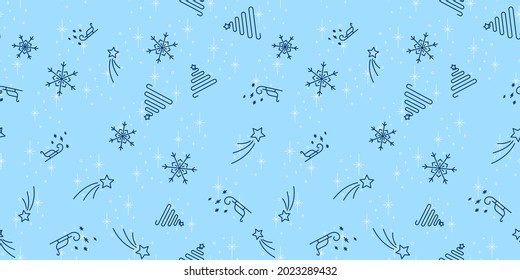Christmas tree, sleigh, snowflake and star seamless pattern. Christmas vector illustration For wrapping paper, design, postcard, fabric, baby clothes, baby room. Christmas and New Year background.