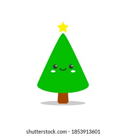 Christmas tree is smiling. Cute cartoon character. Kawaii drawing.  Vector illustration.