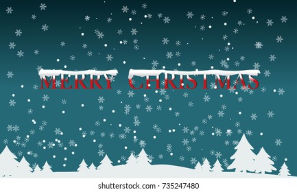 Christmas tree and snow background. Merry Christmas and Happy New Year is ice letters with snow caps.