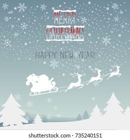 Christmas tree and snow background with Santa Claus and  Reindeer on the sky. Merry Christmas and Happy New Year is ice letters with snow caps.