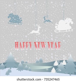 Christmas tree and snow background with christmas (x'mas) ornaments hanging rope santa, Reindeer.