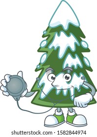 Christmas tree snow cartoon mascot style in a Doctor costume with tools