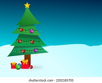 Christmas tree in the snow decorated with Christmas balls and gifts