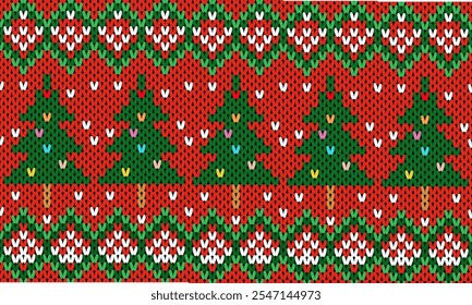 Christmas tree and snow Embroidery pattern. Colorful background. Woven yarn knit vector seamless pattern textile Craft knitted fabric texture ornament. Thread knitting fashion Traditional crochet 