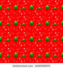 Christmas tree, snow falling pattern seamless on red background 