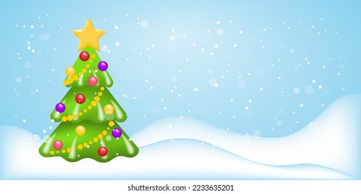 Christmas tree with snow. Festive winter background with a decorated Christmas tree and snowdrifts. Vector template for a Happy New Year or Merry Christmas greeting banner, poster or postcard. Vector.
