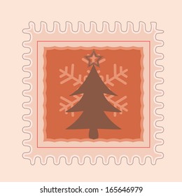 Christmas Tree and Snow flake behind on red stamp  