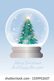 christmas tree in snow globe for christmas card in paper cut style .