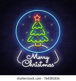 Christmas Tree. The snow globe. Snowflakes . Christmas tree in blue snow globe. Neon sign, a bright sign, the banner of light. Christmas logo, logo, and label. Vector image