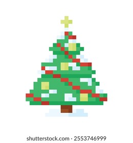 Christmas tree with snow, icon in 8 bit style
