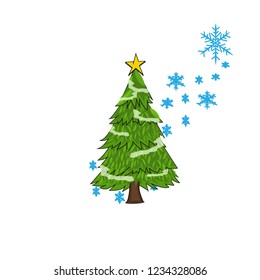 Christmas tree, snow illustration, white background