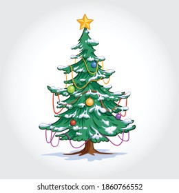 Christmas tree, snow, lamp, light, star Vector Illustration. 