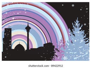 Christmas tree in the snow on the background of the city at night