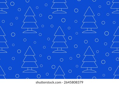 Árvore de Natal e neve em um fundo azul. Desenho de contorno branco. Padrão perfeito sob a máscara de corte, conveniente para edição. Fundo para papel, têxtil, envoltório de presente.