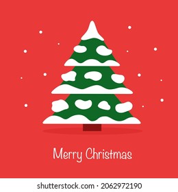 Christmas Tree in the Snow on Red Background: Winter Holiday Symbol for Greeting Cards
