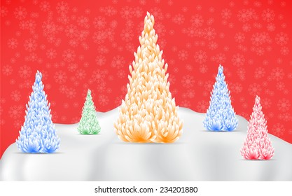 Christmas tree and snow on red background. Vector Design. 