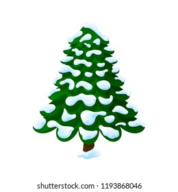 Christmas tree in the snow. On a white background, cartoon, vector illustration.