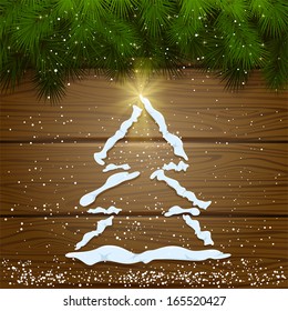 Christmas tree from snow on wooden background with branches of Christmas tree, illustration.