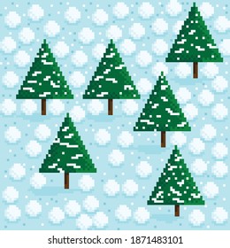 Christmas tree and snow pixel art. Vector illustration.