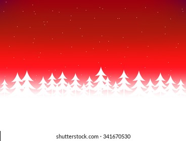 Christmas Tree Snow In Red Sky Background