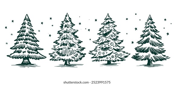 Christmas tree with snow, set on white, hand drawn illustration	