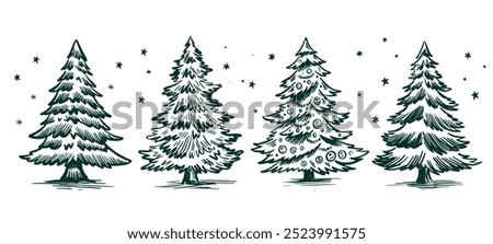 Christmas tree with snow, set on white, hand drawn illustration	