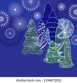 Christmas tree, snow. Snowflakes. Merry Christmas, Happy New year. For greeting cards. Winter fairy forest. Blue. White. Background. Vector.  