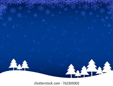 Christmas tree with snow and snowflakes on blue background. Christmas and Happy New Year concept vector illustration