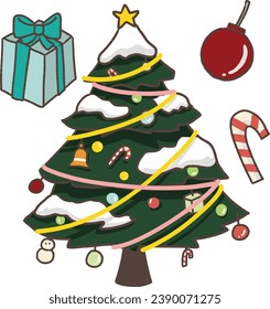 Christmas tree with snow and some elements for the Christmas holiday on white background in cartoon style 