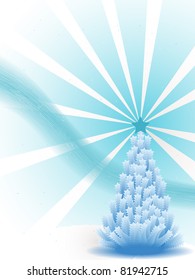 Christmas tree in snow with star burst sky in blue and white