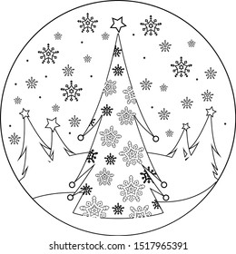 Christmas tree in the snow. Vector black and white coloring page