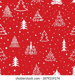 Christmas tree snow winter forest pattern. Holiday icons and New Year Tree xmas background