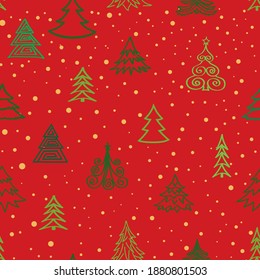 Christmas tree snow winter forest pattern. Holiday icons and New Year Tree xmas background